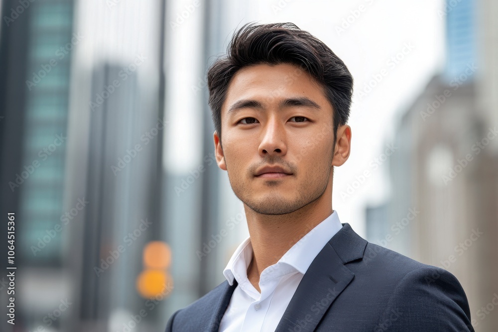 A handsome Asian man in suit outdoors with a blurry business center in backdrop A handsome Asian man in suit outdoors with a blurry business center in backdrop