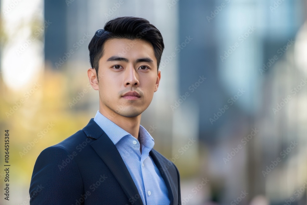 A handsome Asian man in suit outdoors with a blurry business center in backdrop A handsome Asian man in suit outdoors with a blurry business center in backdrop