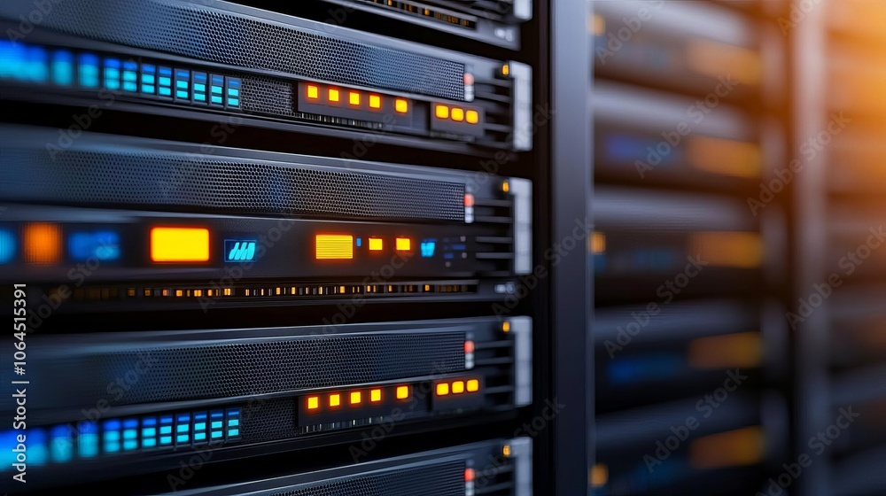 Data center servers with illuminated indicators, showcasing modern computing technology and digital infrastructure. Data center servers with illuminated indicators, showcasing modern computing technology and digital infrastructure.