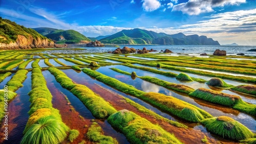 Aerial View of Vibrant Seaweed Fields in Nhon Hai, Quy Nhon, Binh Dinh, Vietnam - Stunning Coastal Landscapes and Aquaculture Photography photo