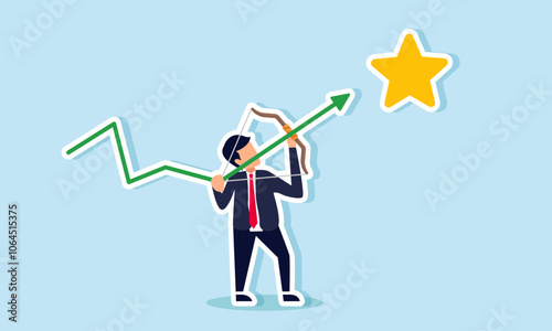 A businessman tries to shoot a star with a green arrow graph, illustration of targeting to raise the company's business rating