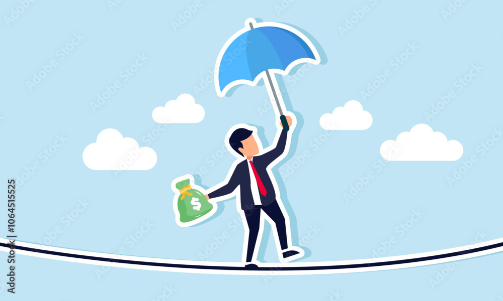 businessman holding an umbrella and a money bag, standing unbalanced on a rope and aiming to cross it, illustration of maintaining stability in business financial management businessman holding an umbrella and a money bag, standing unbalanced on a rope and aiming to cross it, illustration of maintaining stability in business financial management