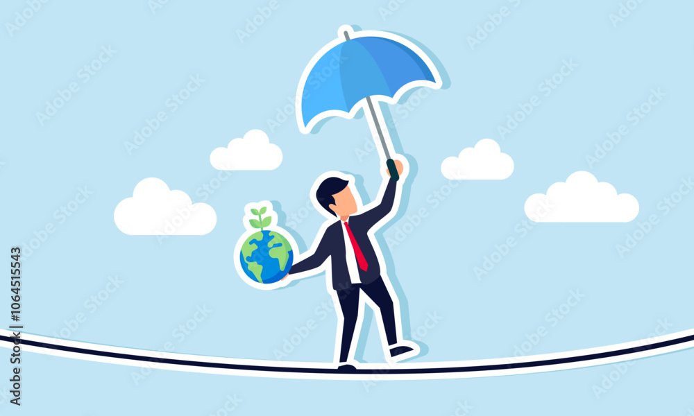 businessman holding an umbrella, globe, and plant, standing unbalanced on a rope and aiming to cross it, illustration of sustaining earth's ecosystem by keeping business go green businessman holding an umbrella, globe, and plant, standing unbalanced on a rope and aiming to cross it, illustration of sustaining earth's ecosystem by keeping business go green