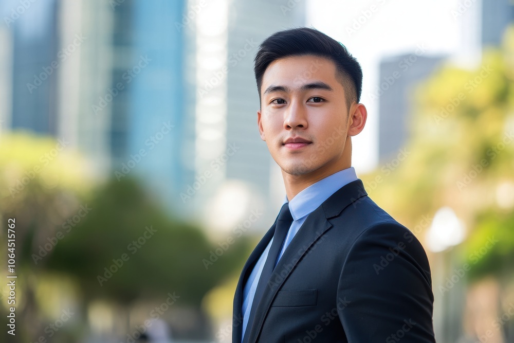 A handsome Asian man in suit outdoors with a blurry business center in backdrop A handsome Asian man in suit outdoors with a blurry business center in backdrop