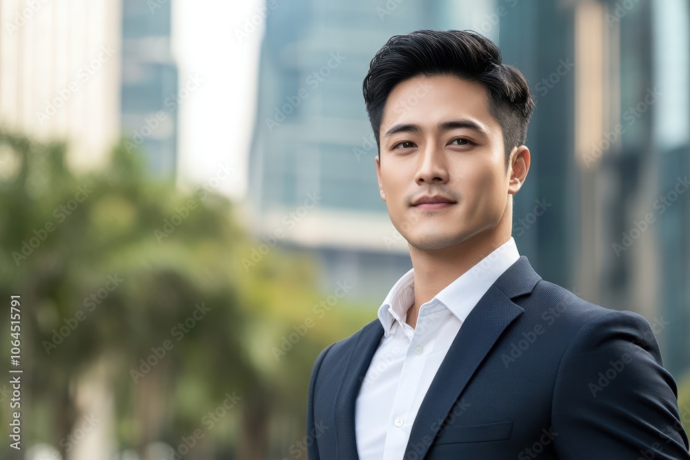 A handsome Asian man in suit outdoors with a blurry business center in backdrop A handsome Asian man in suit outdoors with a blurry business center in backdrop