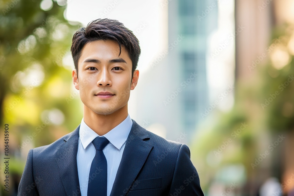A handsome Asian man in suit outdoors with a blurry business center in backdrop A handsome Asian man in suit outdoors with a blurry business center in backdrop
