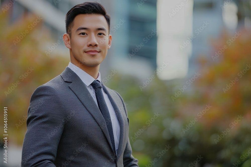 A handsome Asian man in suit outdoors with a blurry business center in backdrop A handsome Asian man in suit outdoors with a blurry business center in backdrop