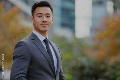 A handsome Asian man in suit outdoors with a blurry business center in backdrop