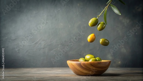 a single green olive falls off a small wooden bowl onto a soft gray background, vintage, decorative photo