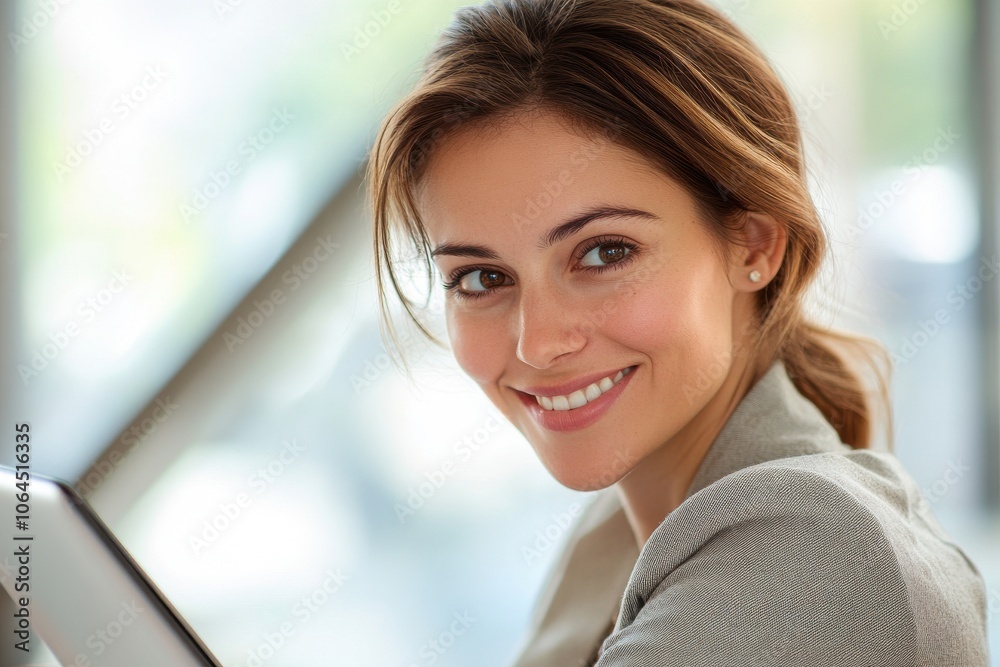 Portrait of happy businesswoman with touchpad in office looking at camera. Depth of field Portrait of happy businesswoman with touchpad in office looking at camera. Depth of field