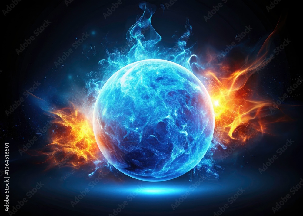 Obraz premium Blue Fireball Landscape with Burn Vector Overlay, Hot Glow Energy on Black Background for Stunning Visuals and Abstract Art