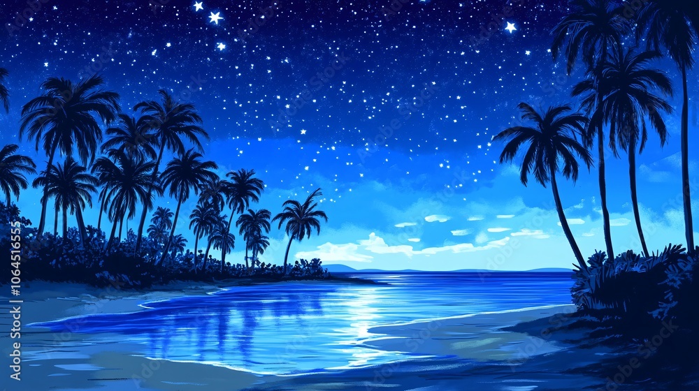Tropical Night Sky with Palm Trees and Ocean Tropical Night Sky with Palm Trees and Ocean