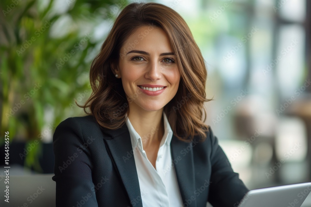 Portrait of happy businesswoman with touchpad in office looking at camera Portrait of happy businesswoman with touchpad in office looking at camera