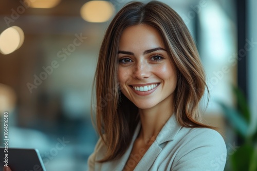 Portrait of happy businesswoman with touchpad in office looking at camera