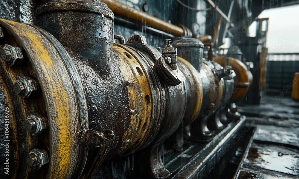 Close-up of a weathered industrial pipe with rust and moisture, suggesting heavy use.