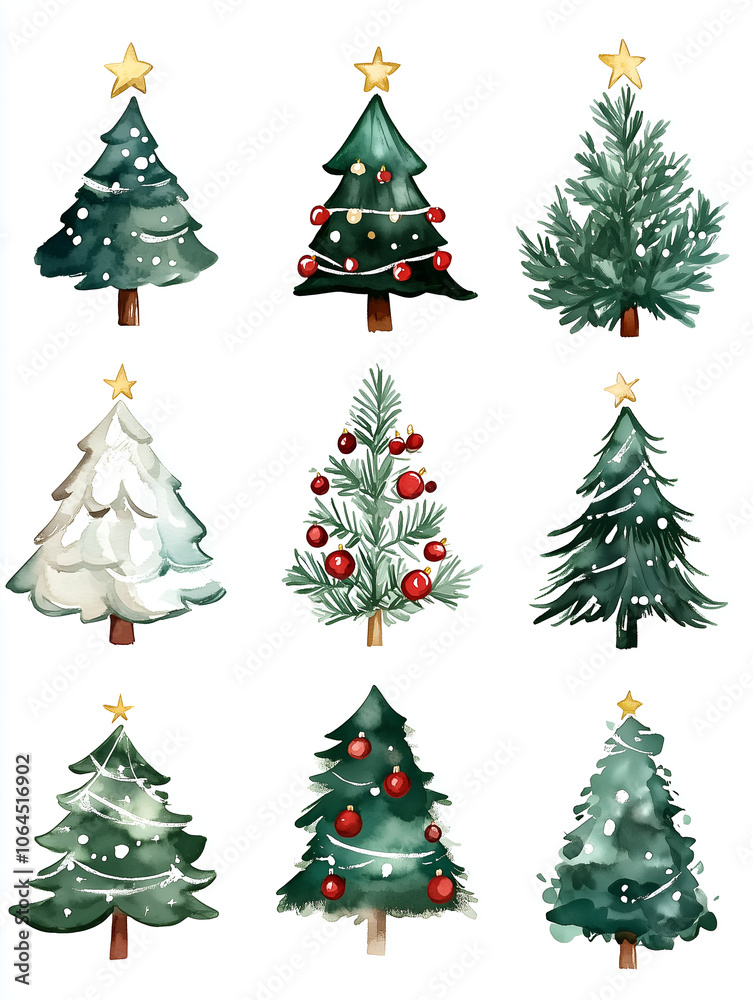 Collection of christmas tree, watercolor on white Collection of christmas tree, watercolor on white