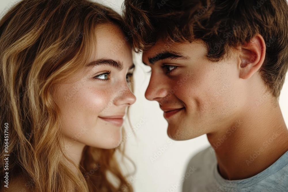 Portrait of young beautiful couple looking at their eyes while standing against white background Portrait of young beautiful couple looking at their eyes while standing against white background