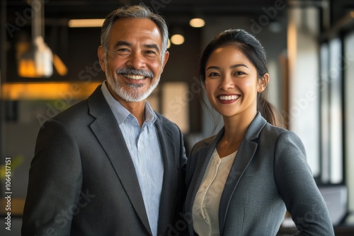 Portrait of two happy confident professional mature latin business man and asian business