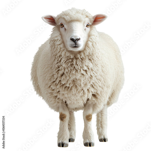 A full-body view of a fluffy, white sheep standing alert, with a soft woolly texture and expressive eyes, set against a transparent background photo