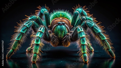 Silhouette Greenbottle Tarantula Chromatopelma cyaneopubescens, Dark Background photo