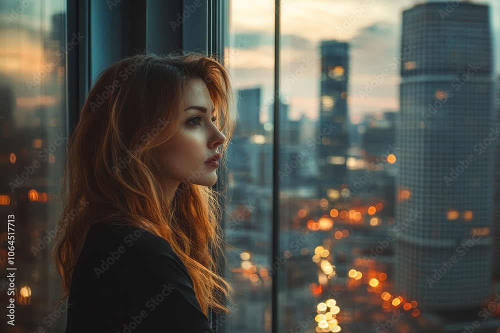 Professional business woman looking through window of her office skyscraper looking Professional business woman looking through window of her office skyscraper looking