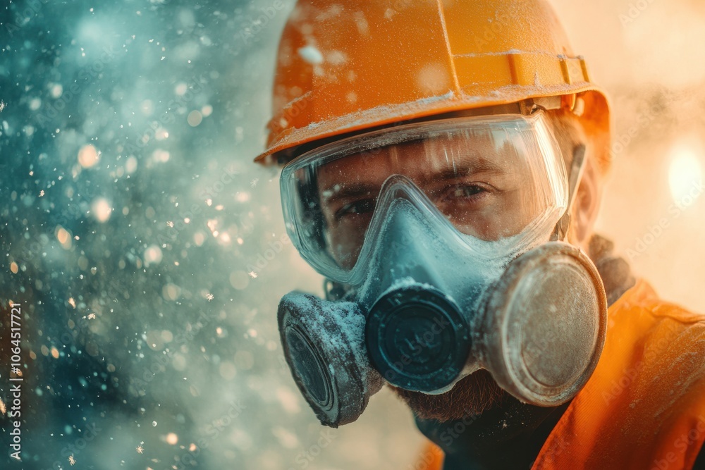 Professional construction worker wearing a high-grade dust mask, surrounded by lot of floating Professional construction worker wearing a high-grade dust mask, surrounded by lot of floating