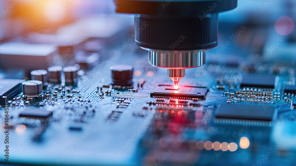 Close up of lithography machine and chip circuit board Close up of lithography machine and chip circuit board