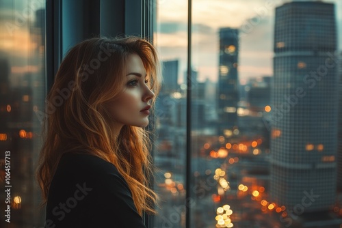 Professional business woman looking through window of her office skyscraper looking