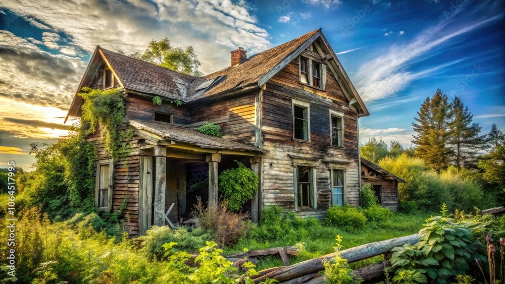 Captivating Portrait of an Old Wooden Destroyed House Ruined by Time, Nature's Embrace, and the Passage of Years – A Perfect Subject for Landscape Lovers and History Enthusiasts Captivating Portrait of an Old Wooden Destroyed House Ruined by Time, Nature's Embrace, and the Passage of Years – A Perfect Subject for Landscape Lovers and History Enthusiasts