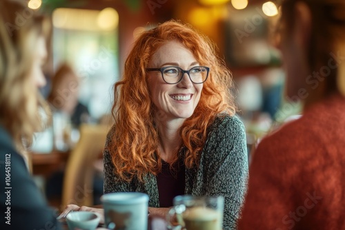 Redhead ginger caucasian business woman having a friendly lunch with colleagues at a local