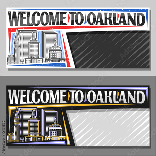 Vector layout for Oakland with copy space, decorative voucher with line illustration of urban oakland city scape on day and dusk sky background, art design tourist card with words welcome to oakland