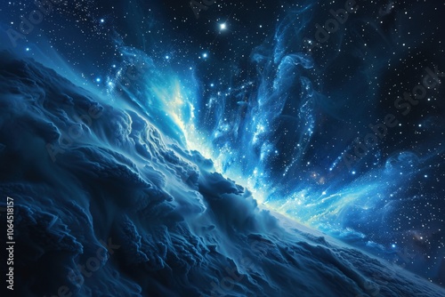 A celestial landscape with a frozen planet and a bright nebula