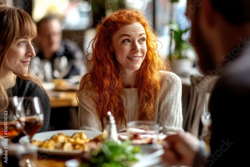 Redhead ginger caucasian business woman having a friendly lunch with colleagues at a local