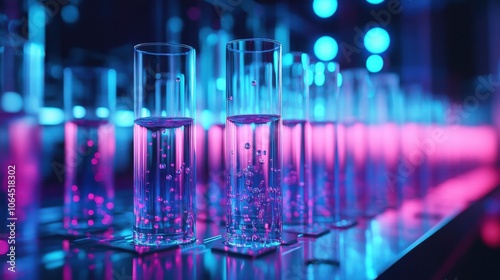 Rows of transparent test tubes are illuminated by neon blue and pink lights, creating a futuristic