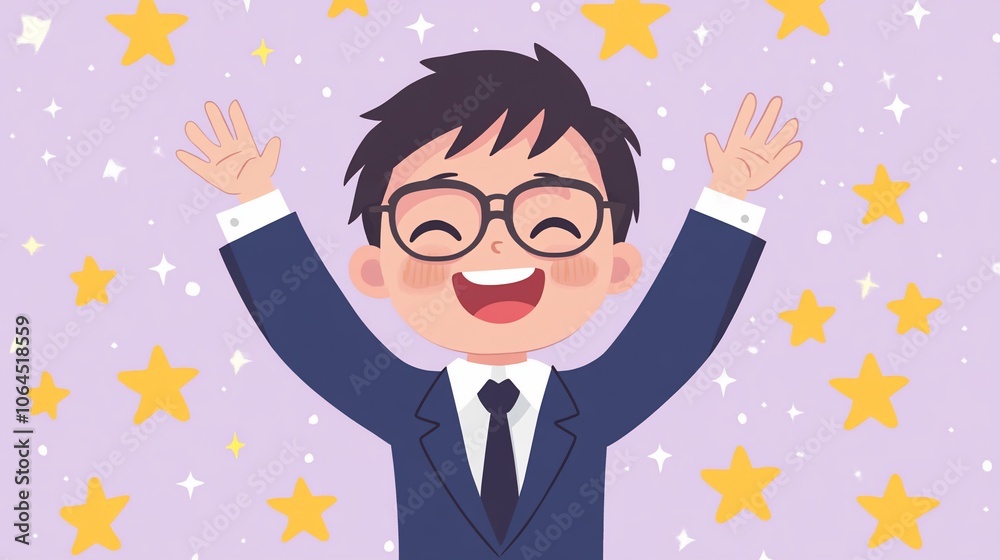 Happy businessman with arms raised, surrounded by stars. Happy businessman with arms raised, surrounded by stars.