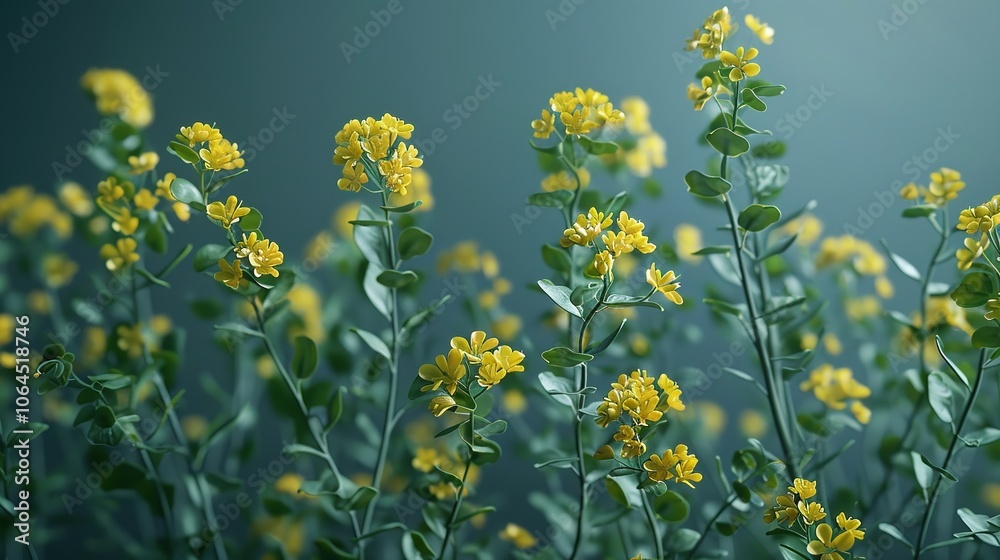 Fototapeta premium Set of Rue Elements Displaying Its Bright Yellow Flower