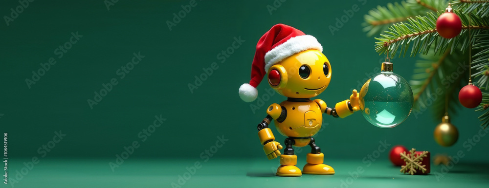 Small funny yellow robot in Santa Claus hat touching big glass ball on Christmas tree. Christmas banner advertising concept. Copy space Small funny yellow robot in Santa Claus hat touching big glass ball on Christmas tree. Christmas banner advertising concept. Copy space