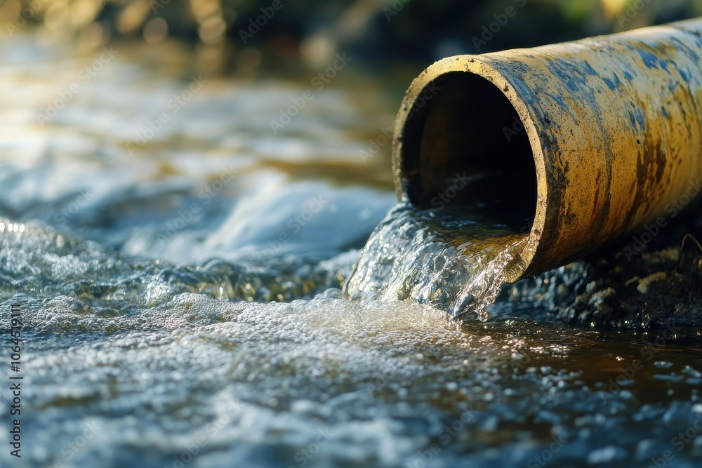 Sewage pipe discharging dirty water into the clean water of a river , water pollution by industry Sewage pipe discharging dirty water into the clean water of a river , water pollution by industry