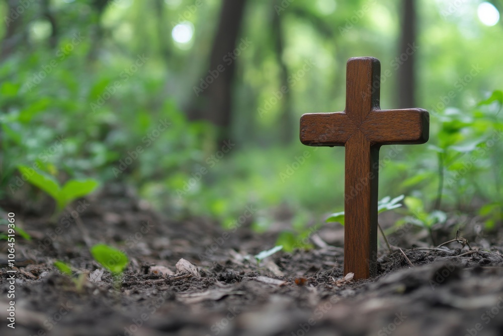 Small wooden Christian cross in the ground and lush nature forest in background and copy space