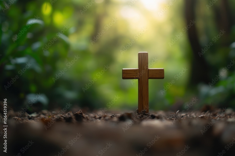 Small wooden Christian cross in the ground and lush nature forest in background and copy space Small wooden Christian cross in the ground and lush nature forest in background and copy space
