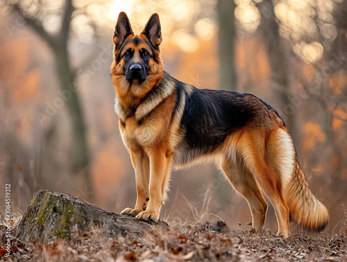 German Shepherd Standing Proudly Looking at the Camera with Soft Natural Blur Background