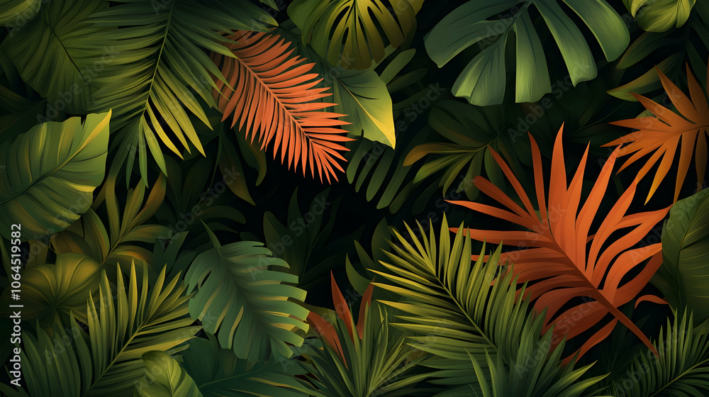Lush tropical leaves in a dark background. Lush tropical leaves in a dark background.