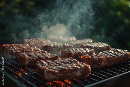 Close up of Juicy Steaks Grilling on a BBQ Grill with Smoke