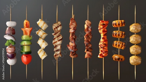 Set of Skewers Including Chicken and Vegetable Isolated