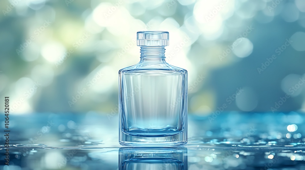 Glass Perfume Bottle Mockup on Blue Bokeh Background Glass Perfume Bottle Mockup on Blue Bokeh Background