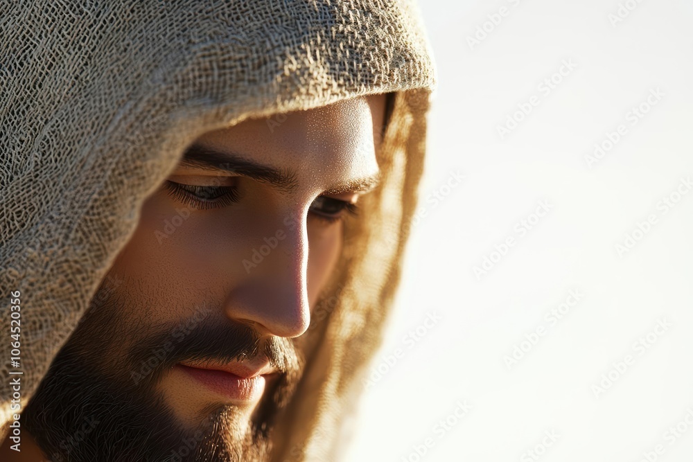 Profile of a peaceful man in a hooded garment, soft lighting, neutral background.