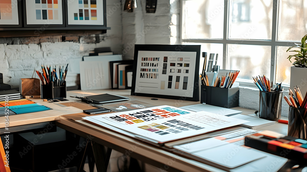 A designer's desk with color swatches and art supplies. A designer's desk with color swatches and art supplies.