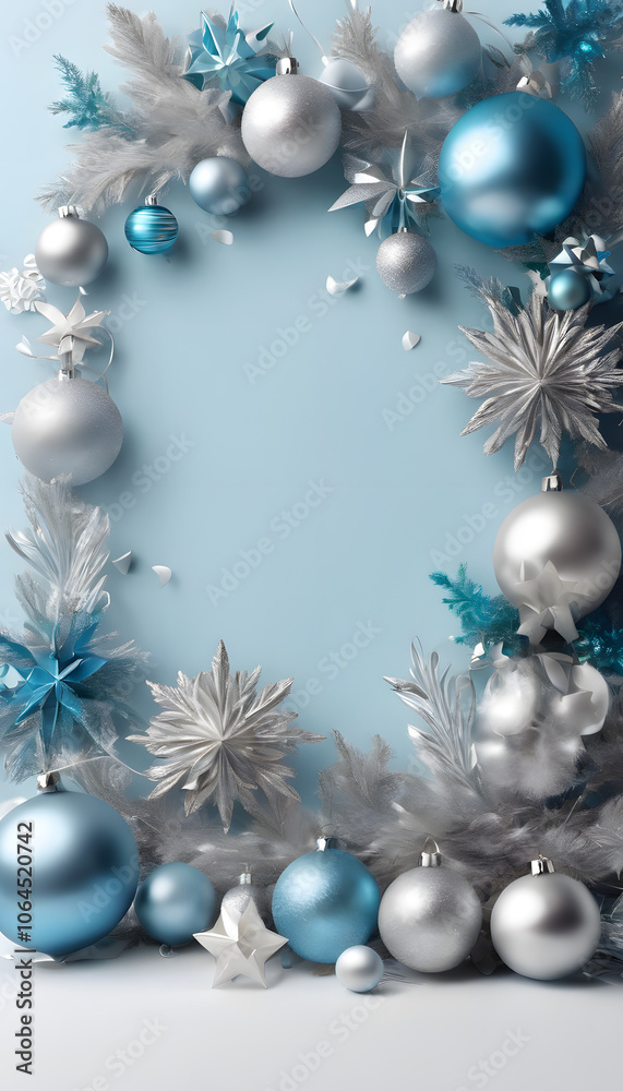 Festive Christmas background with blue and silver ornaments and snowflakes framing a blank space.