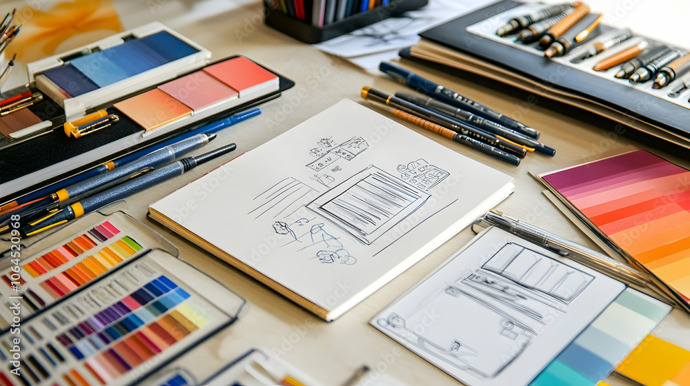 A flat lay of a designer's workspace with color swatches, pens, and a sketch of a website layout on a notebook. A flat lay of a designer's workspace with color swatches, pens, and a sketch of a website layout on a notebook.