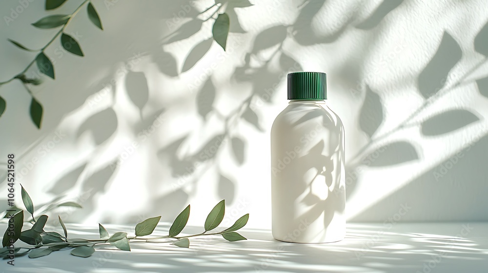 White Bottle with Green Lid on White Background with Leaf Shadows